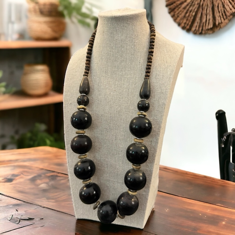 Vintage Chunky Black Brown Beaded Statement Necklace Boho